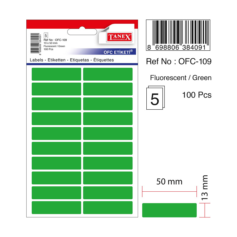 TANEX OFC-109 YEŞİL 13x50 mm OFİS ETİKETİ