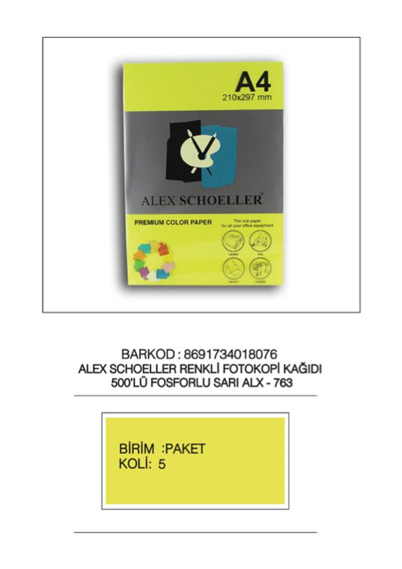 ALEX A4 FOSFORLU SARI FOTOKOPİ .KAĞIDI 500 LÜ ALX-763